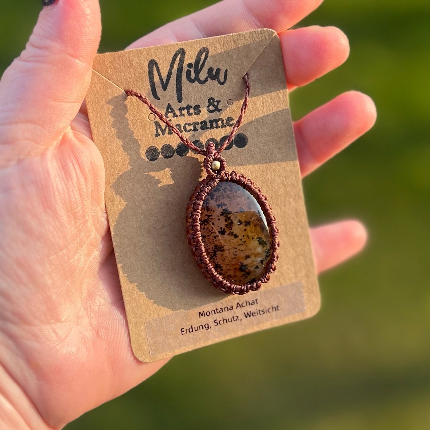 Seraphinit Kette Makramee Schmuck, Garnfarbe braun, Messingperle