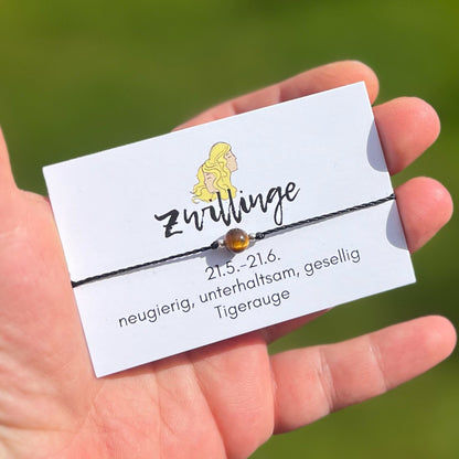 Handgemachtes Sternzeichen Armband für Sternzeichen Zwillinge mit Tigerauge
