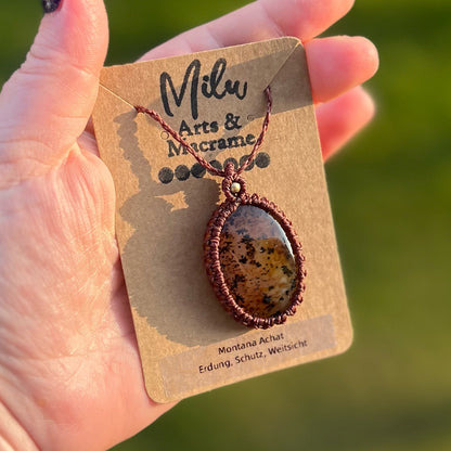 Seraphinit Kette Makramee Schmuck, Garnfarbe braun, Messingperle 