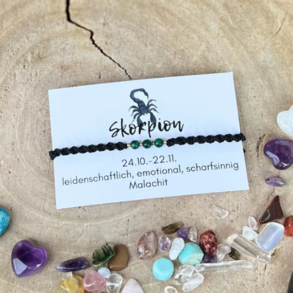 Geschenkideee für Sternzeichen Skorpion. Makramee Armband mit drei Geburtssteinen von Skorpion Sternzeichen